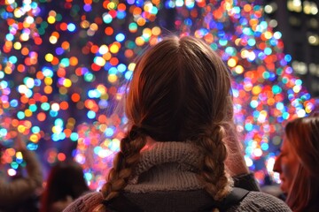 A girl with pigtails gazes at a vibrant display of holiday lights.