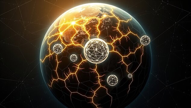 Abstract Earth with Glowing Lines and Spheres in Space.