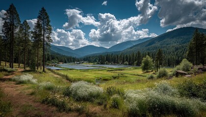 Obraz premium Sunny meadow meets tranquil lake, mountains rise beyond