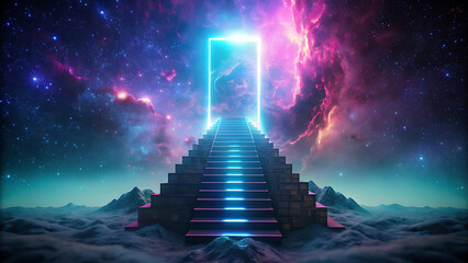 Surreal neon glowing staircase disappearing into stars mystical surreal dreamy fantasy art  