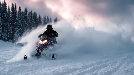 Snowmobile rider speeds through a winter landscape kicking up a spray of snow
