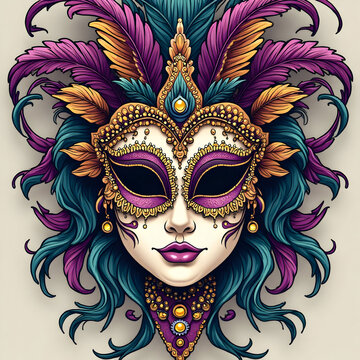 Detailed Marda gras illustration with mask and feathers