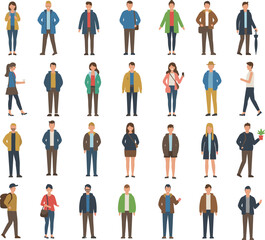 Flat vector illustration of diverse standing people in casual clothing, male and female characters in different poses, isolated on white background for design use