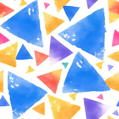 Colorful watercolor triangle pattern. Abstract seamless geometric background for kids. Childish fabric and paper print for nursery decor