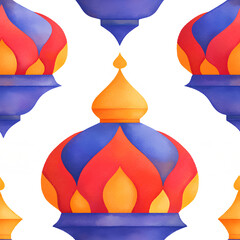 Childish watercolor pattern with colorful onion domes. Seamless tile background for kids and baby decor. Abstract textile print for nursery or playroom fabric