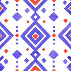 Abstract watercolor geometric pattern. Seamless repeating background with purple and orange shapes for fabric, paper, and nursery decor