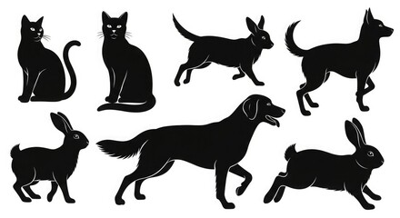 Black cat silhouette dog silhouette rabbit silhouette pet animal vector illustration design art graphic