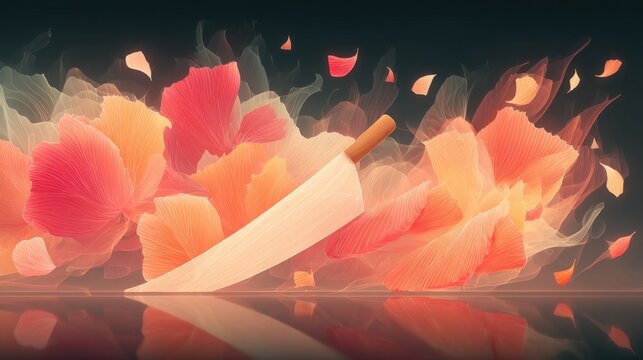 Abstract Digital Art of Falling Petal-Shaped Leaves and a Sharp Blade with Dynamic Lighting Effects
