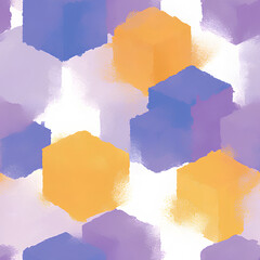 Seamless watercolor pattern of geometric cubes. Abstract background for baby and child decor. Playful purple, blue, and orange texture for fabric and print