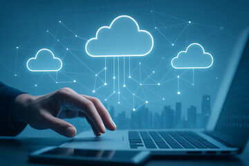 Cloud computing concept with digital data storage and business professional connecting through futuristic laptop system