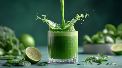 Pouring a green smoothie into a glass, showing off the vibrant color and healthy ingredients in a fresh, inviting way.
