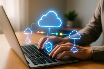 Cloud computing network concept with data management flow diagram above laptop showing modern technology connection