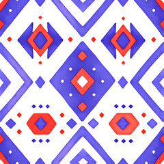 Seamless watercolor pattern with geometric shapes. Blue and red abstract background for fabric, paper, and nursery decor