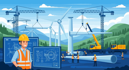Wind turbine construction illustration depicting sustainable energy solution project