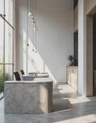 Modern customer service area featuring sleek consultation desks and natural light