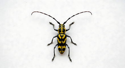 Fototapeta premium Close-up top-down view of a black and yellow longhorn beetle with long antennae on a white background, showcasing its intricate patterns.