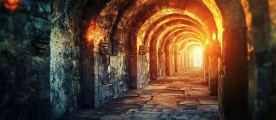 enchanted dark fantasy tunnel, glowing orange archways, mysterious atmospheric lighting, moody, cinematic, intricate architectural details, volumetric fog, dramatic shadows, epic scale, mystical, high