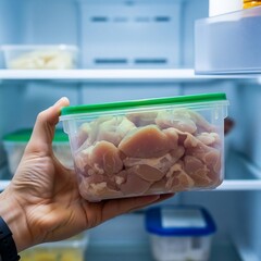 Hand holding a container of raw chicken pieces in front of an open refrigerator shelf inside home kitchen