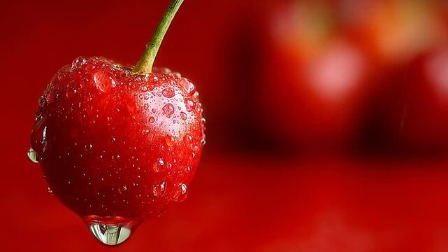 Close up of a single ripe cherry with water droplets on a red background