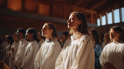 Young diverse congregation participating in baptism ceremony with reverent expressions and flowing white robes in sunlit sanctuary, ideal for spiritual milestone and community faith concept.