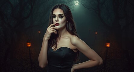 Gothic woman with dark makeup at night under moonlight.