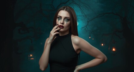 Dark glam halloween woman with dripping eyeliner in eerie lantern‑lit forest.