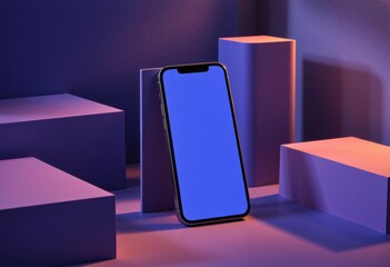 Mockup of a smartphone on colorful geometric blocks with a blank screen