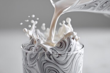 Pouring milk into a glass, with the smooth liquid forming elegant swirls that contrast with the clear glass.