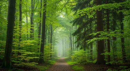Fototapeta premium Enchanting Forest Path Bathed in Soft Sunlight