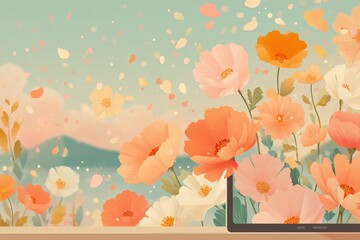 Colorful digital illustration of vibrant poppies with pastel background and floating petals for spring or floral design themes