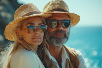 Couple enjoying a sunny coastal getaway, wearing hats and sunglasses, near crystal-clear waters and rocky cliffs