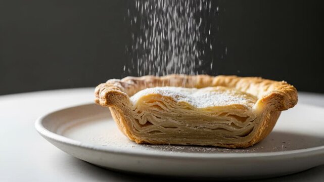Delicious half apple pie with flaky crust on plate, close-up. Food, dessert, baking concept.