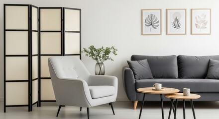 A living room featuring a gray sofa chair tables and a folding screen with leaf themed art on the wall