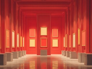 Elegant Red Decorative Interior Wall with Framed Artwork and Classic Molding in a Museum or Gallery Setting