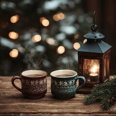 Cozy winter scene with a steaming hot drink in a festive mug beside a lantern and candle, rustic wooden table decorated for Christmas creating warmth, serenity, and holiday comfort.