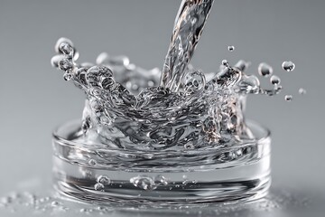 Pouring water into a glass, captured in motion as droplets form and create ripples on the surface.