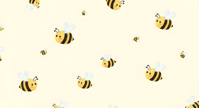 Cute Kawaii Bumblebees Flying Seamless Pattern Adorable Yellow and Black Insects Whimsical Nature Design for Kids and Spring Themes - Powered by Adobe