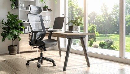 A modern ergonomic office chair with adjustable backrest and mesh design