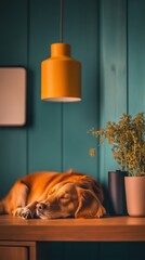 Cozy indoor scene featuring a sleeping dog resting on a wooden surface beneath a modern yellow pendant light and teal