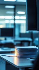 Stack of documents on a modern office desk with computer monitor in the background