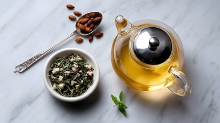 Fototapeta premium Close-up of a transparent glass teapot filled with fragrant herbal tea, surrounded by assorted dried tea leaves, spices, and a wooden spoon on a light marble background
