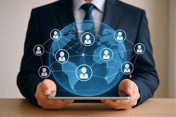 Global networking concept with digital world map and user icons symbolizing international business collaboration and online communication