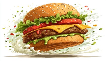Delicious burger in motion, bursting with toppings