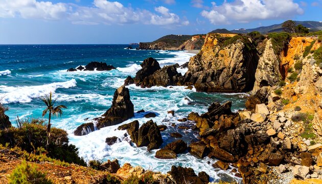 Coastal rocks, azure water, sunny day
