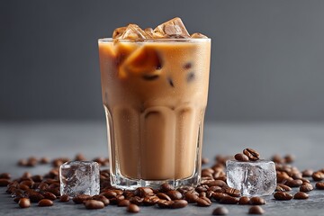Refreshing iced coffee served with coffee beans on the side, creating a cool and energizing moment for coffee lovers.