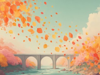 Autumn Leaves Falling Over a Bridge in a Scenic Landscape with Colorful Foliage and Clear Sky