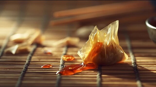 Tea bag with tea dripping on a bamboo mat background close up