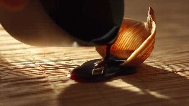 Pouring liquid into a bowl with light and shadow effect macro shot