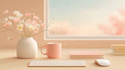 Minimalist workspace with pink and white flowers in a vase, a pink coffee mug, a wireless keyboard, and mouse near a