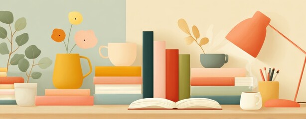 Colorful Books, Potted Plants, Mugs, and Desk Lamp on Wooden Shelf in Bright Room
